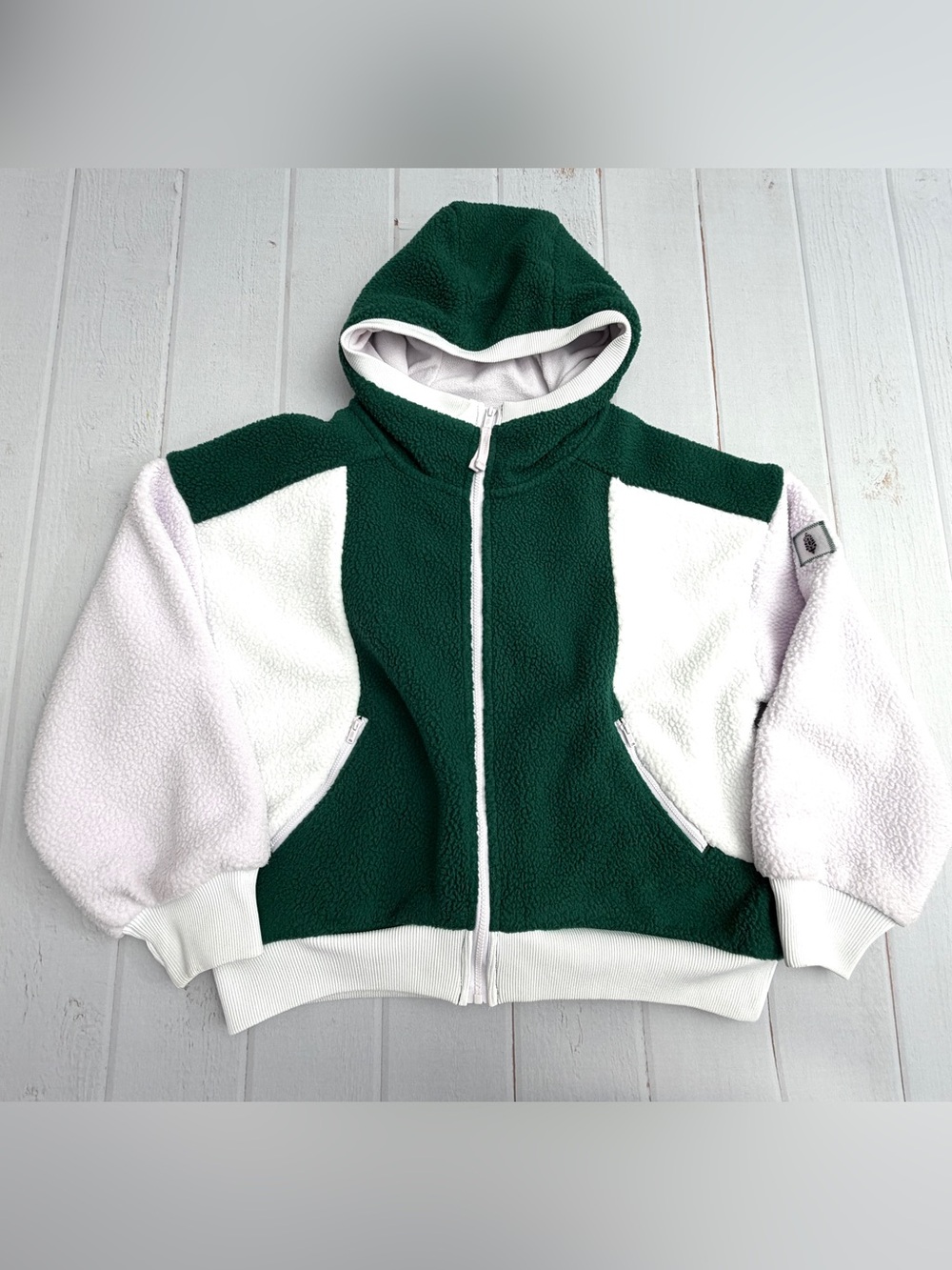 Free People Movement M Green White Colorblock Sherpa Fleece Hooded Jacket